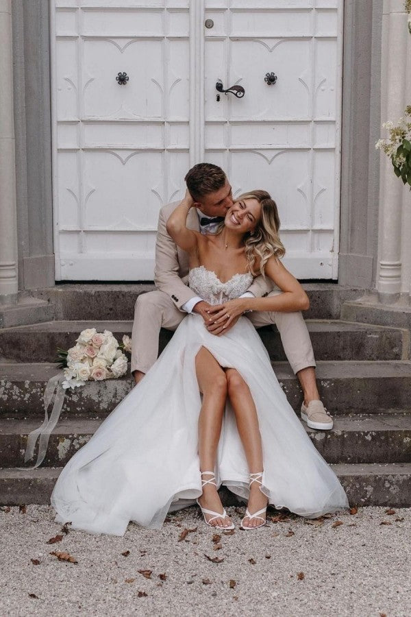 Gorgeous Long A-Line Sweetheart Wedding Dress with Lace Tulle & Front Slit-BallBride