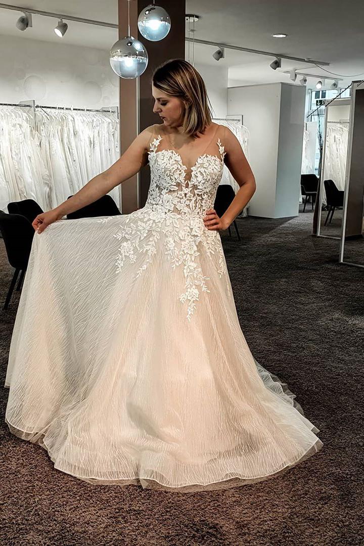 Gorgeous Long A-line V-neck Floor-length Backless Wedding Dress with Tulle Lace-BallBride