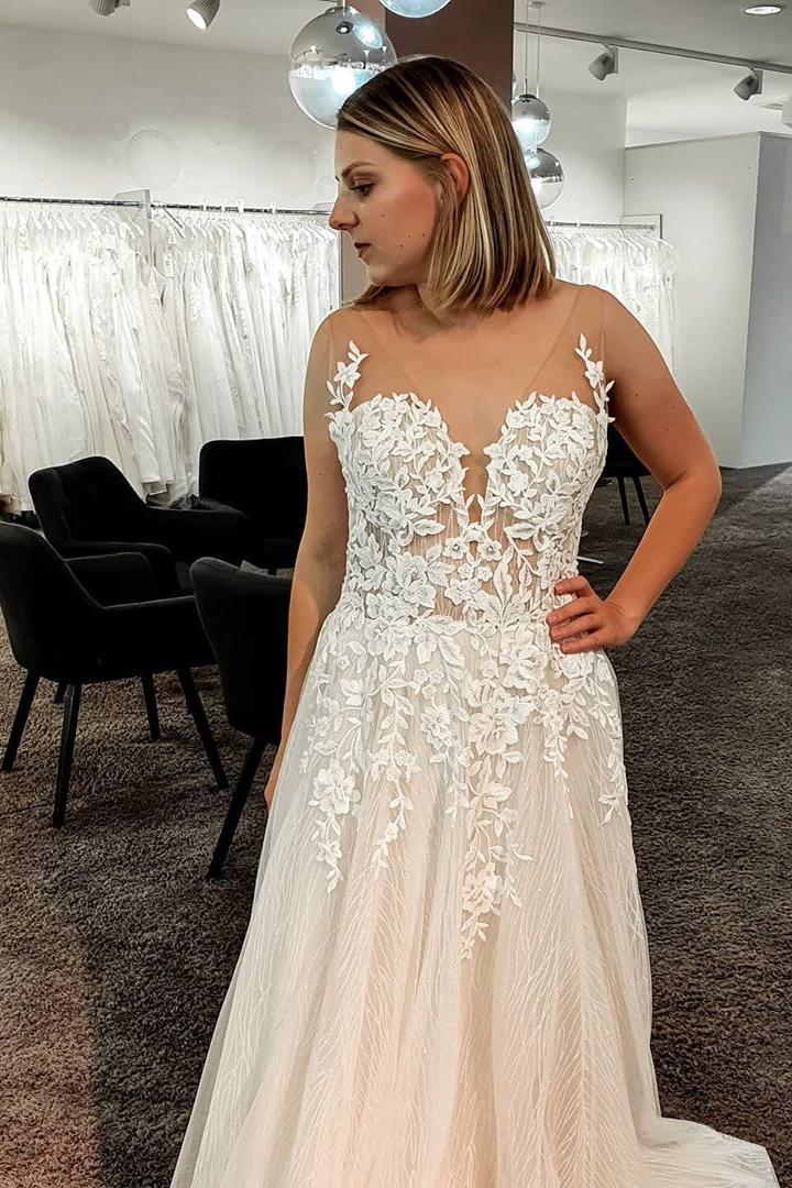 Gorgeous Long A-line V-neck Floor-length Backless Wedding Dress with Tulle Lace-BallBride