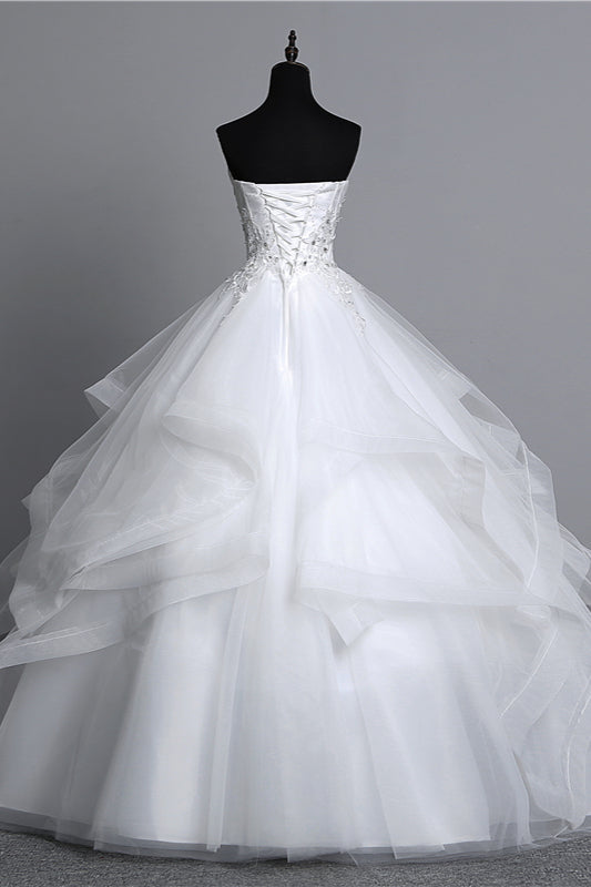 Gorgeous Long Ball Gown Strapless Wedding Dress with Tulle Layers and Appliques Beadings-BallBride