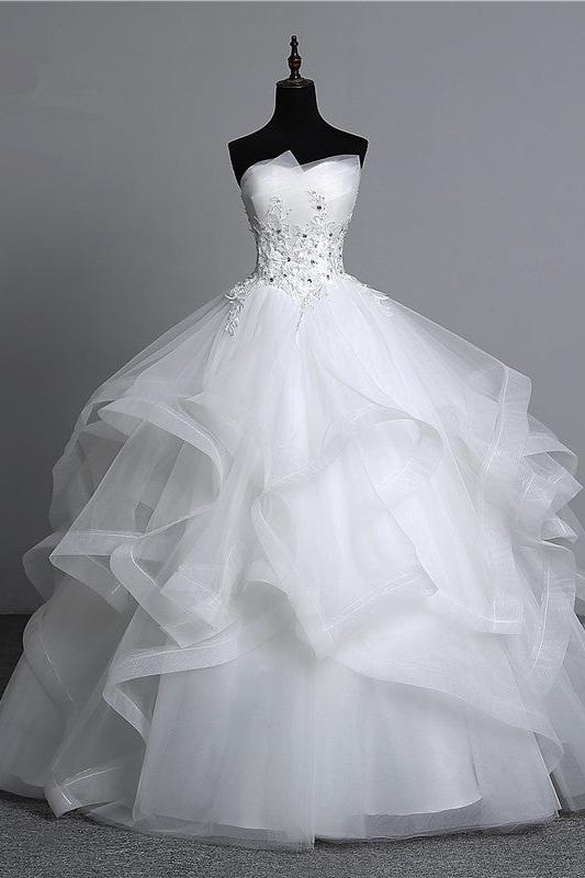 Gorgeous Long Ball Gown Strapless Wedding Dress with Tulle Layers and Appliques Beadings-BallBride