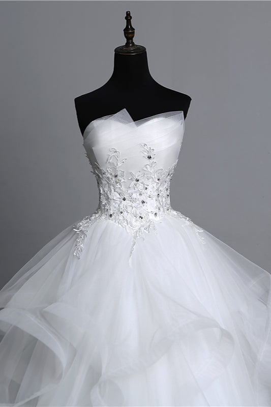 Gorgeous Long Ball Gown Strapless Wedding Dress with Tulle Layers and Appliques Beadings-BallBride