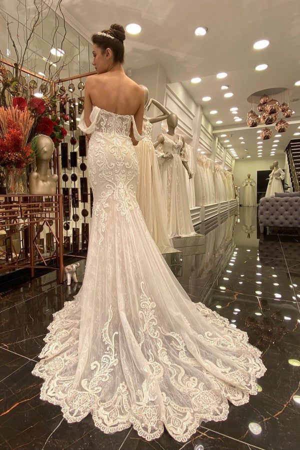 Gorgeous Long Mermaid Off-the-shoulder Wedding Dress with Tulle Lace-BallBride