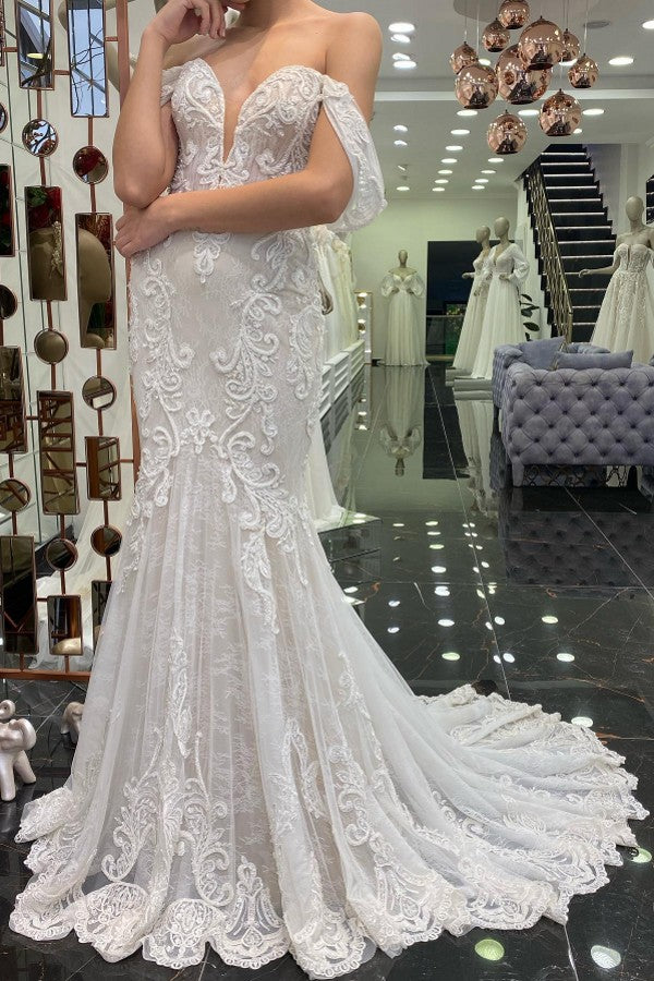 Gorgeous Long Mermaid Off-the-shoulder Wedding Dress with Tulle Lace-BallBride