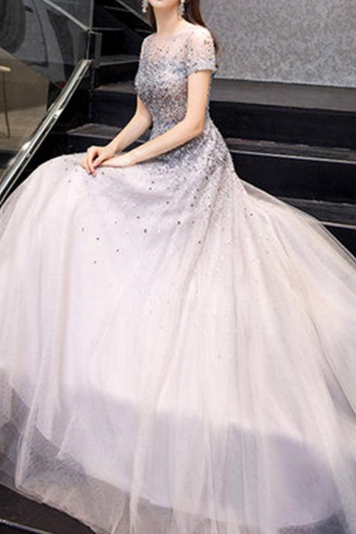 Gorgeous Long Prom Dress With Short Sleeves Sequins - Online-BallBride