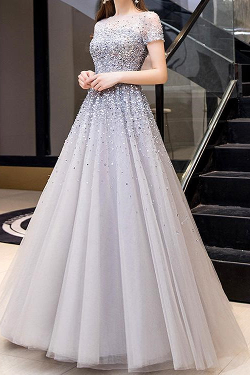 Gorgeous Long Prom Dress With Short Sleeves Sequins - Online-BallBride