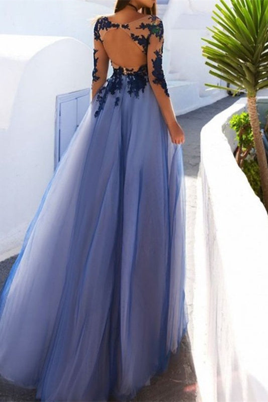 Gorgeous Long Sleeve Appliques Prom Dress Tulle Long Party Gowns-BallBride