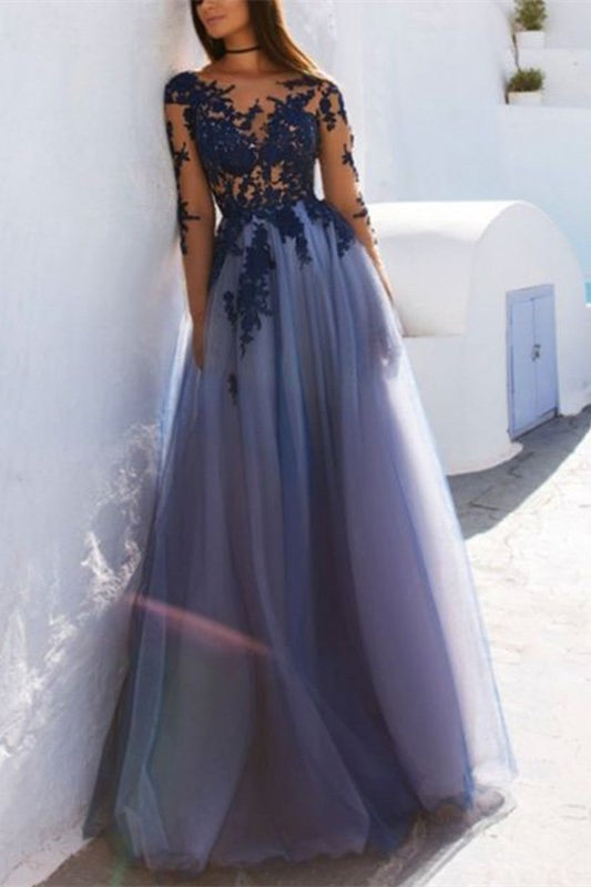 Gorgeous Long Sleeve Appliques Prom Dress Tulle Long Party Gowns-BallBride