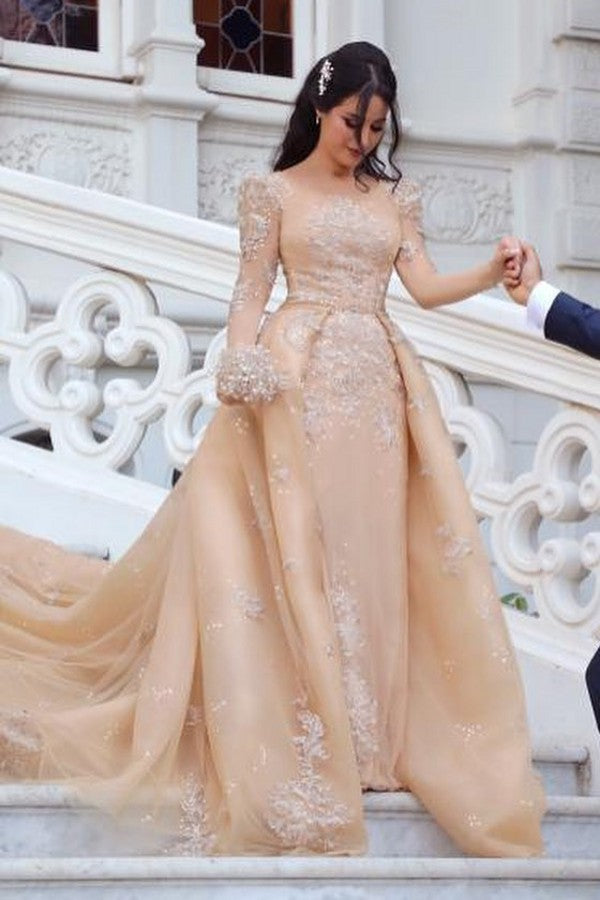 Gorgeous Long Sleeve Bateau Detachable Wedding Dress With Tulle-BallBride