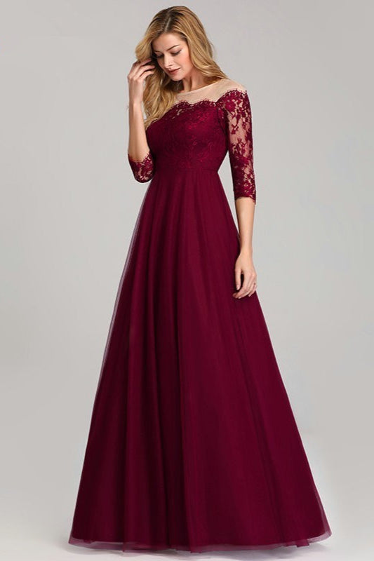 Gorgeous Long Sleeve Burgundy Lace Prom Dress for Evening Party-BallBride