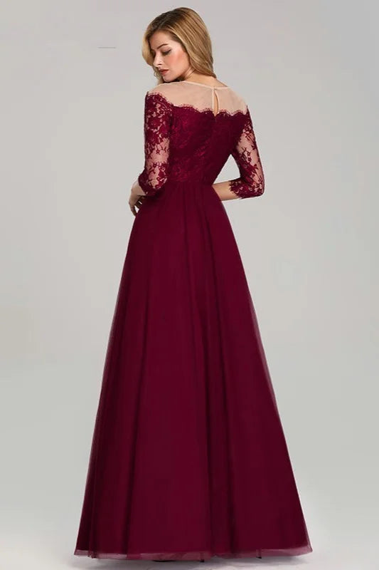 Gorgeous Long Sleeve Burgundy Prom Dress Lace Evening Party Gowns-BallBride