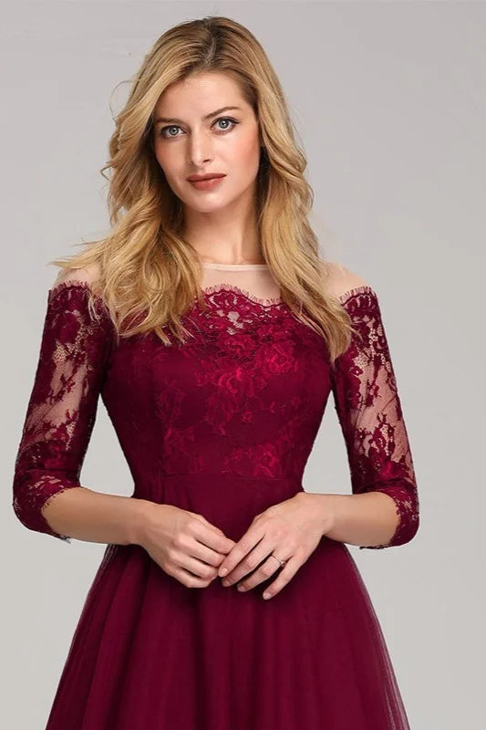 Gorgeous Long Sleeve Burgundy Prom Dress Lace Evening Party Gowns-BallBride