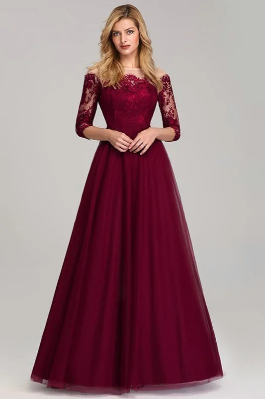 Gorgeous Long Sleeve Burgundy Prom Dress Lace Evening Party Gowns-BallBride