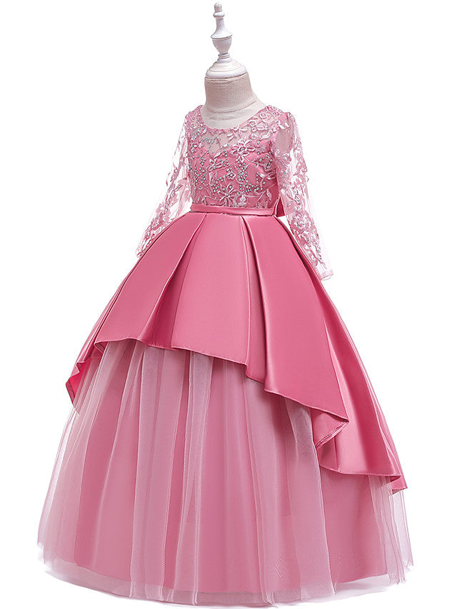Gorgeous Long Sleeve Jewel Neck Flower Girl Dress with Tulle Satin Crystals and Lace Belt-BallBride