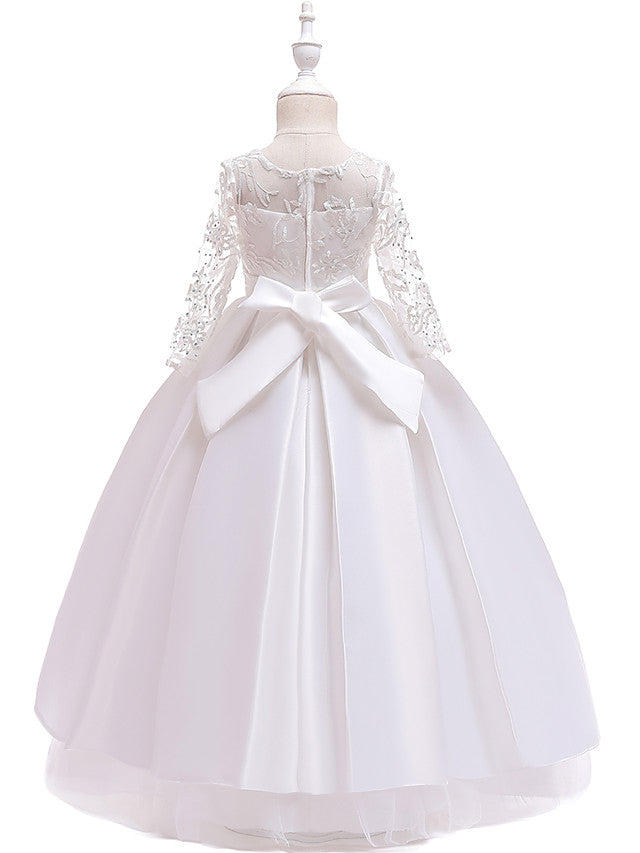 Gorgeous Long Sleeve Jewel Neck Flower Girl Dress with Tulle Satin Crystals and Lace Belt-BallBride