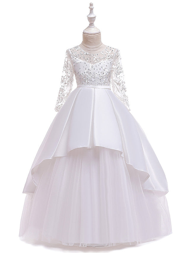 Gorgeous Long Sleeve Jewel Neck Flower Girl Dress with Tulle Satin Crystals and Lace Belt-BallBride