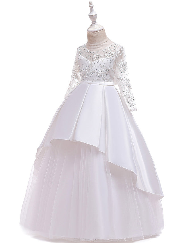 Gorgeous Long Sleeve Jewel Neck Flower Girl Dress with Tulle Satin Crystals and Lace Belt-BallBride