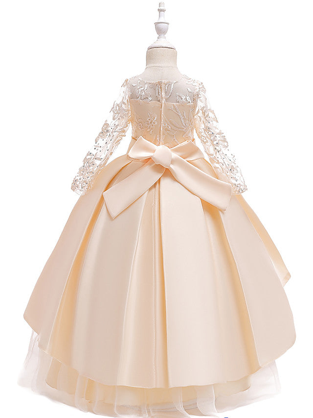 Gorgeous Long Sleeve Jewel Neck Flower Girl Dress with Tulle Satin Crystals and Lace Belt-BallBride