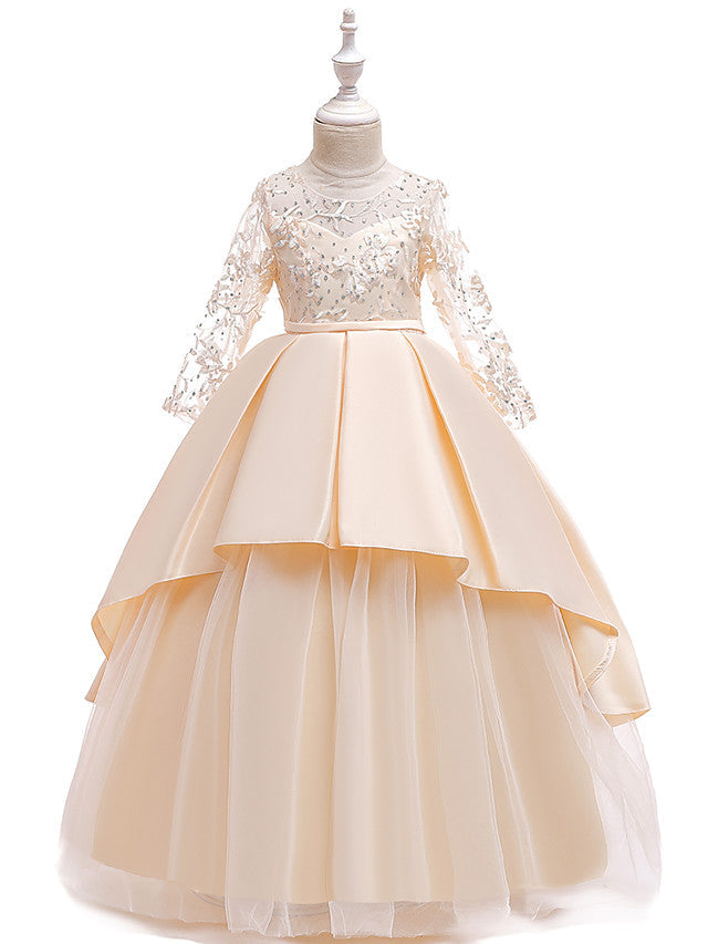 Gorgeous Long Sleeve Jewel Neck Flower Girl Dress with Tulle Satin Crystals and Lace Belt-BallBride