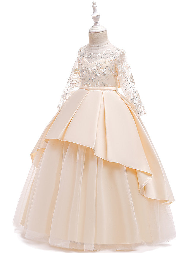 Gorgeous Long Sleeve Jewel Neck Flower Girl Dress with Tulle Satin Crystals and Lace Belt-BallBride