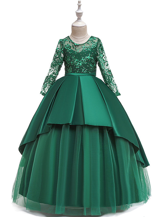 Gorgeous Long Sleeve Jewel Neck Flower Girl Dress with Tulle Satin Crystals and Lace Belt-BallBride