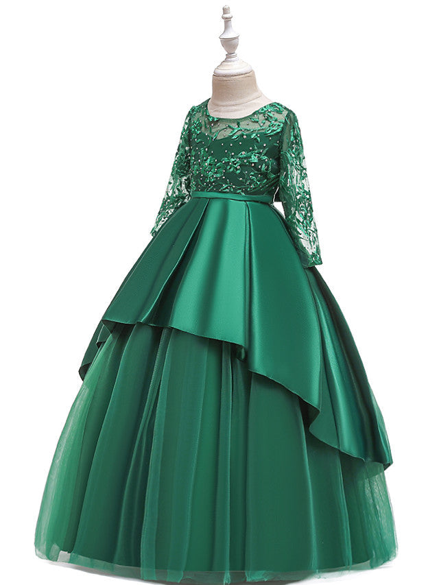 Gorgeous Long Sleeve Jewel Neck Flower Girl Dress with Tulle Satin Crystals and Lace Belt-BallBride