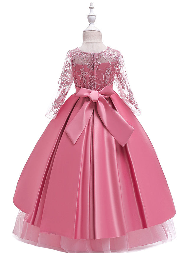 Gorgeous Long Sleeve Jewel Neck Flower Girl Dress with Tulle Satin Crystals and Lace Belt-BallBride