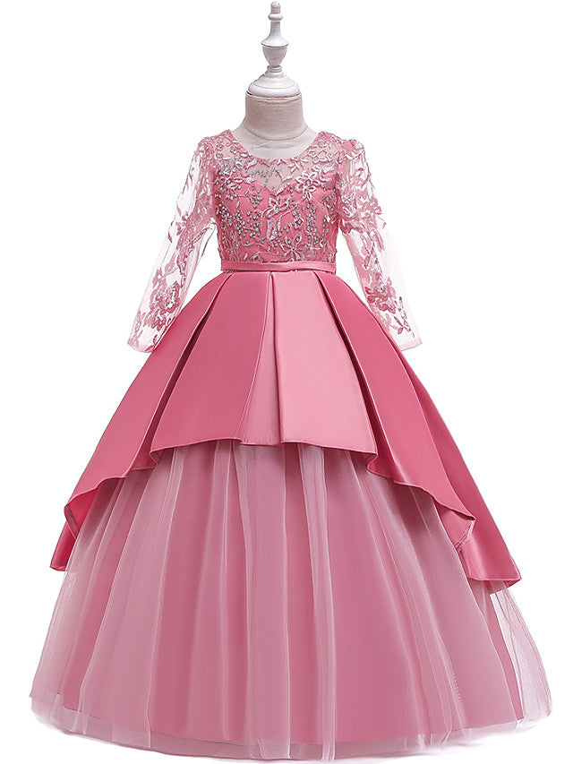 Gorgeous Long Sleeve Jewel Neck Flower Girl Dress with Tulle Satin Crystals and Lace Belt-BallBride