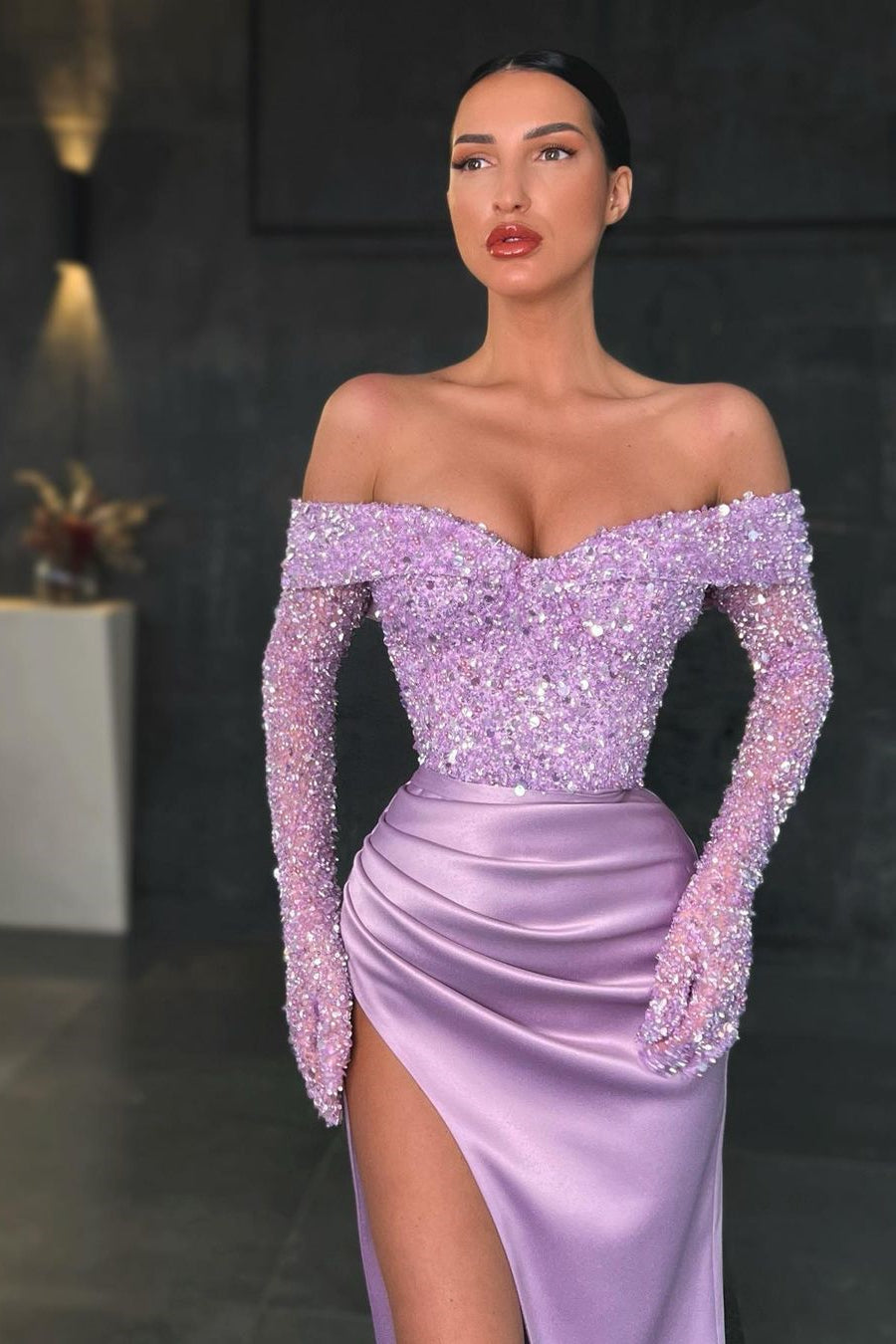 Gorgeous Long Sleeve Off-the-Shoulder Sequins Prom Dress Mermaid With Slit-BallBride