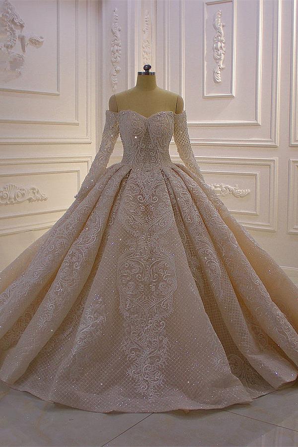 Gorgeous Long Sleeves Ball Gown Wedding Dress With Appliques Lace-BallBride