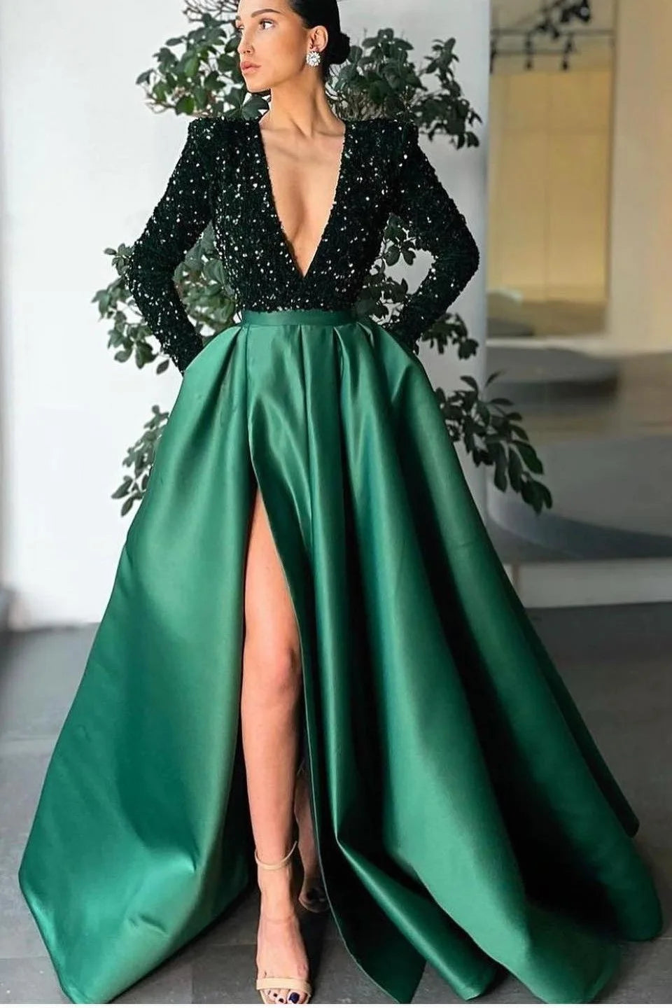Gorgeous Long Sleeves Deep V-Neck Evening Dress Sequins With Split-BallBride