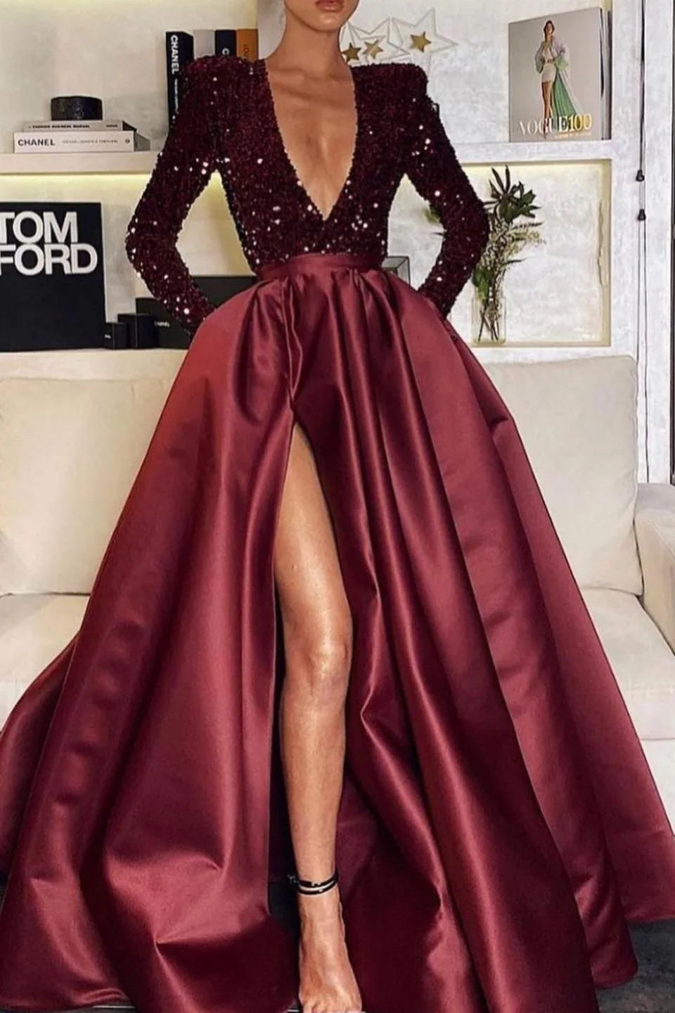 Gorgeous Long Sleeves Deep V-Neck Evening Dress Sequins With Split-BallBride