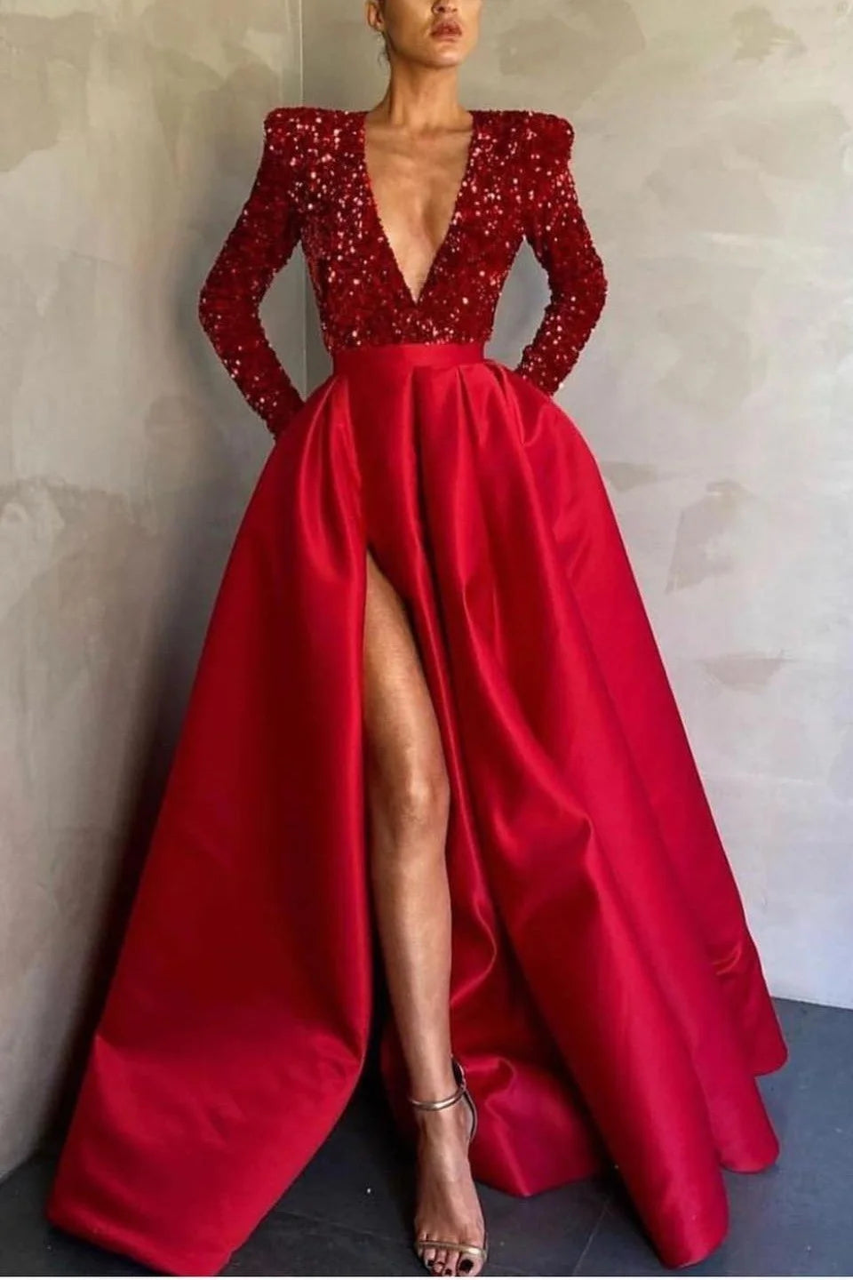 Gorgeous Long Sleeves Deep V-Neck Evening Dress Sequins With Split-BallBride