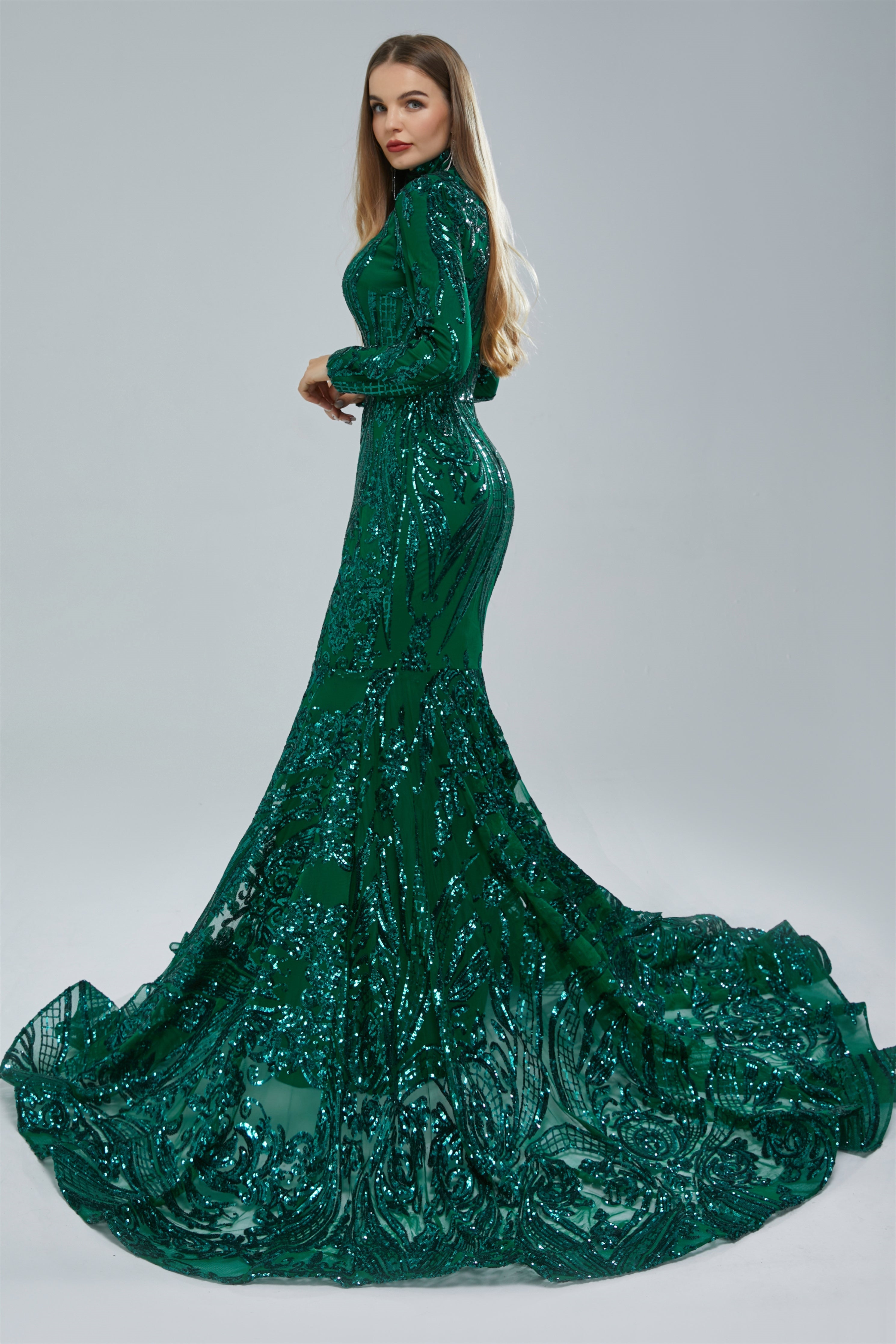 Gorgeous Long Sleeves Emerald Green Prom Dress Mermaid Sequins Long-BallBride