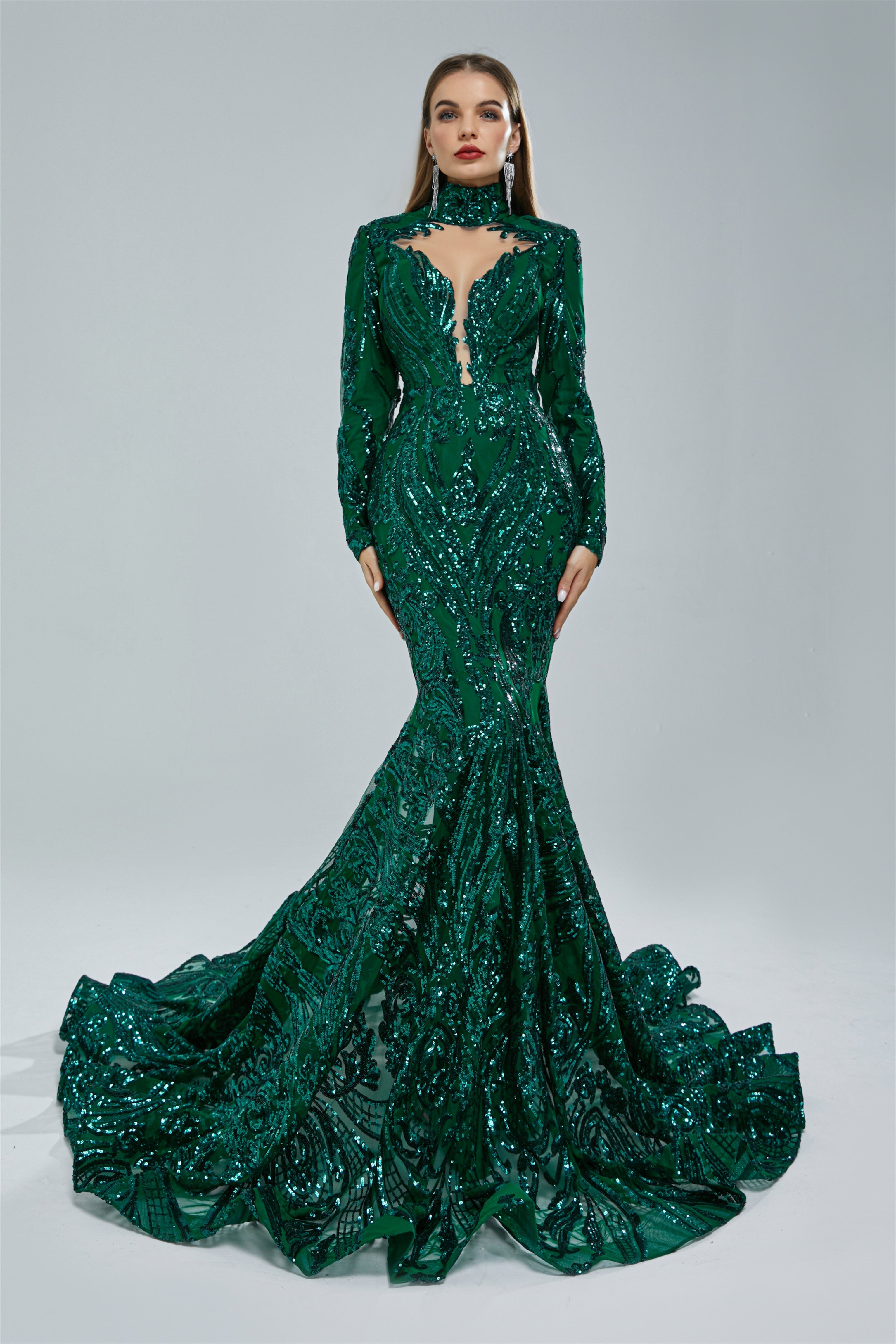 Gorgeous Long Sleeves Emerald Green Prom Dress Mermaid Sequins Long-BallBride