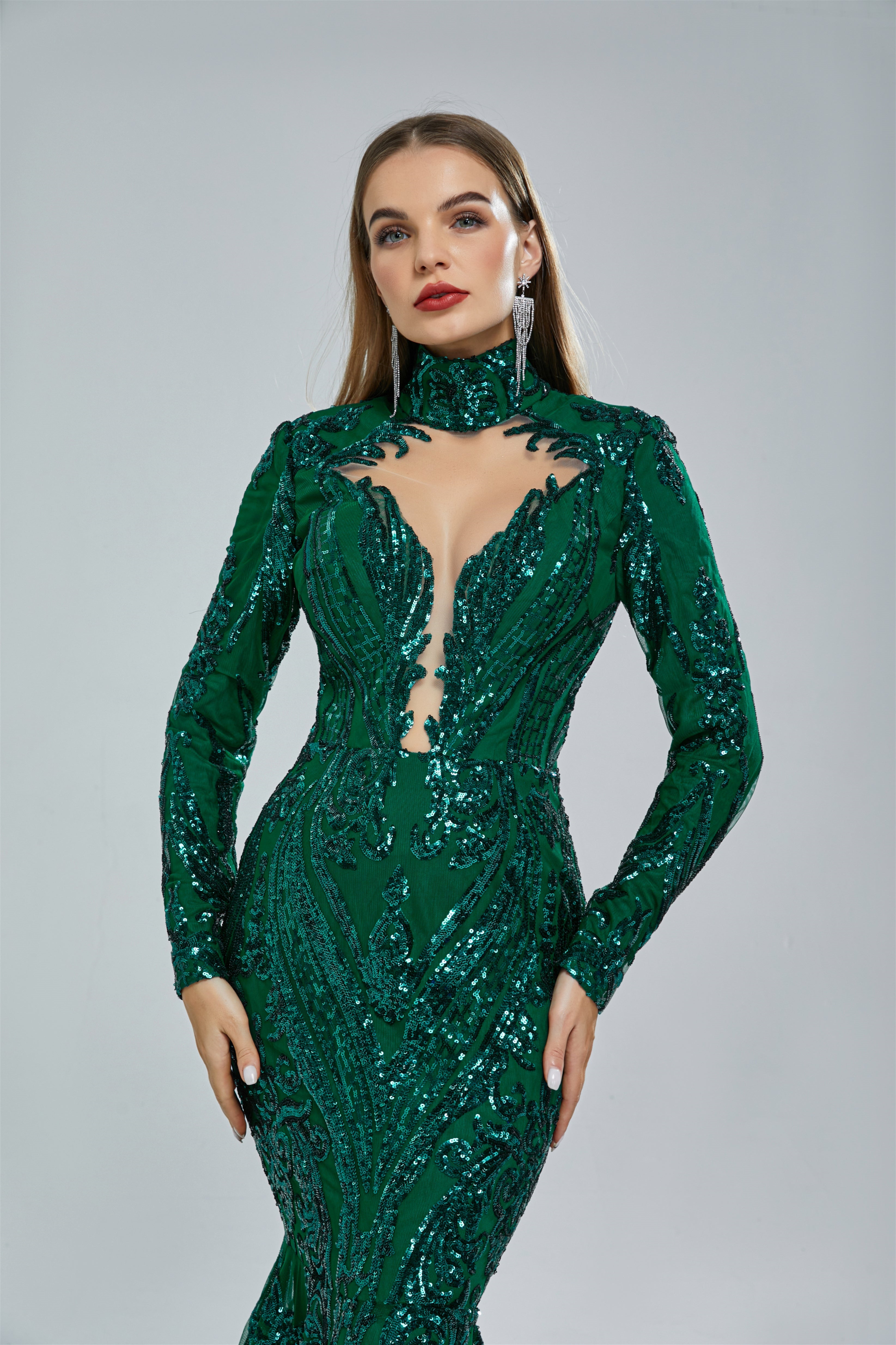 Gorgeous Long Sleeves Emerald Green Prom Dress Mermaid Sequins Long-BallBride