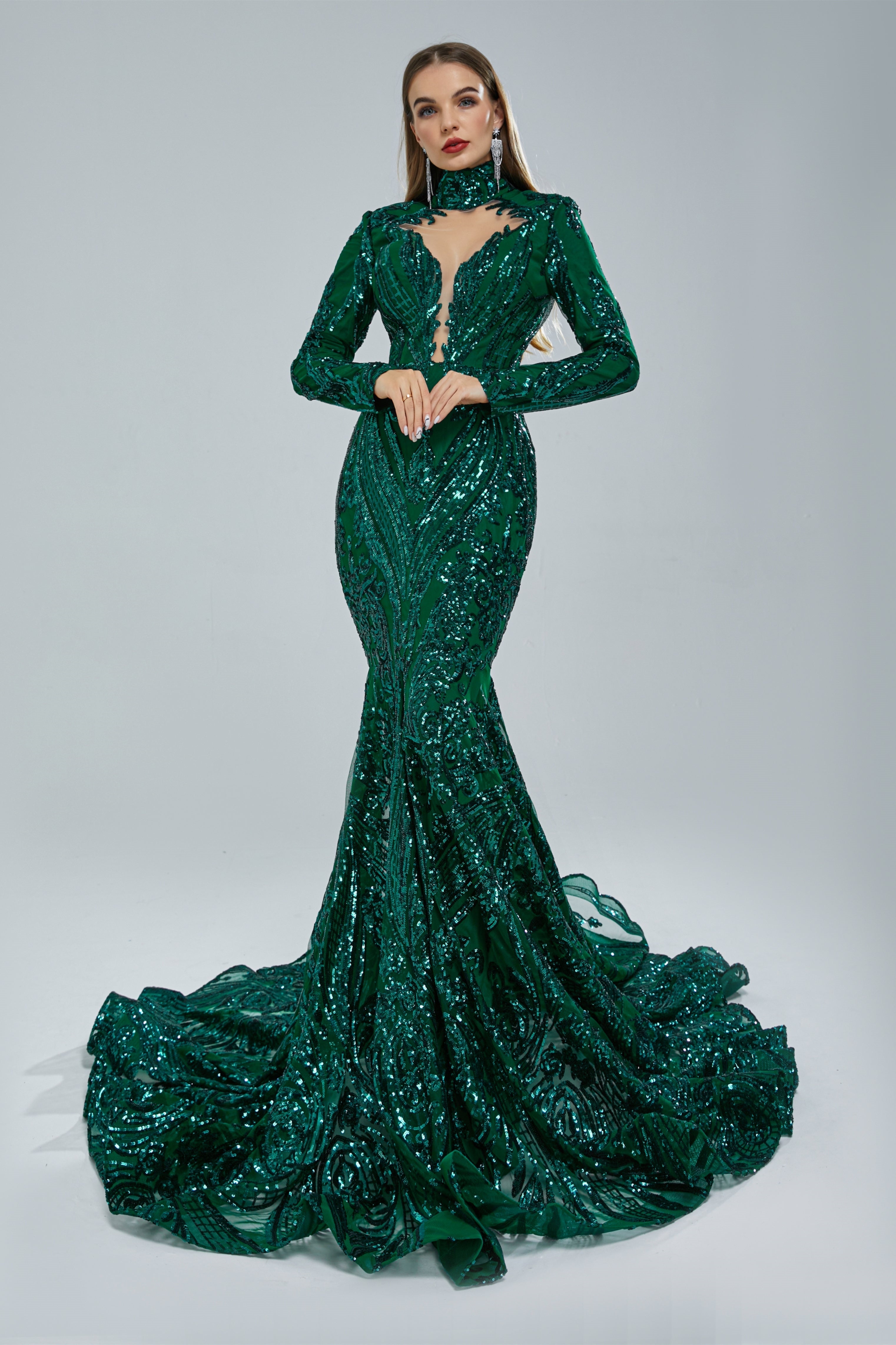 Gorgeous Long Sleeves Emerald Green Prom Dress Mermaid Sequins Long-BallBride
