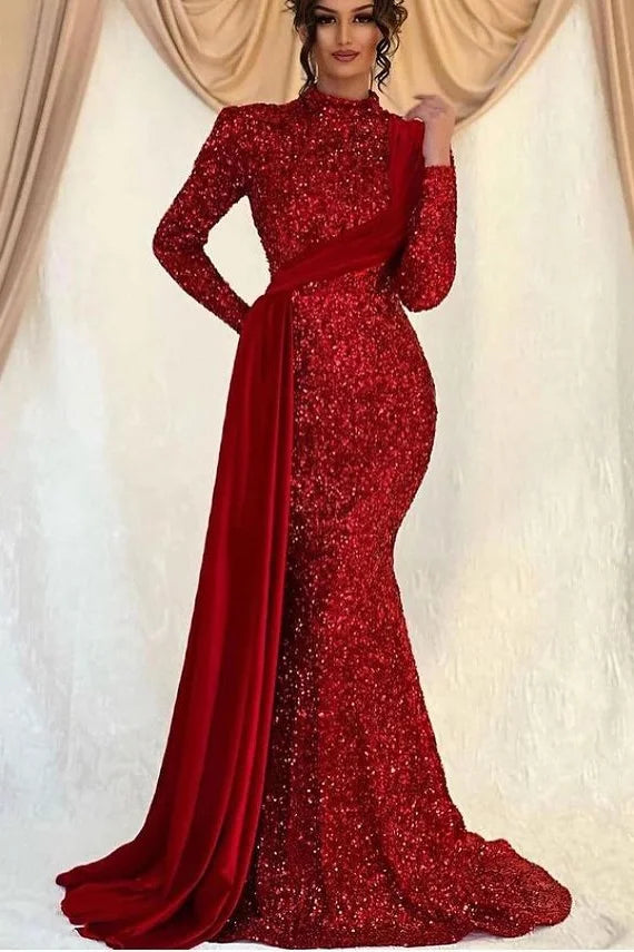 Gorgeous Long Sleeves High Neck Mermaid Evening Dress Sequins With Ruffle-BallBride