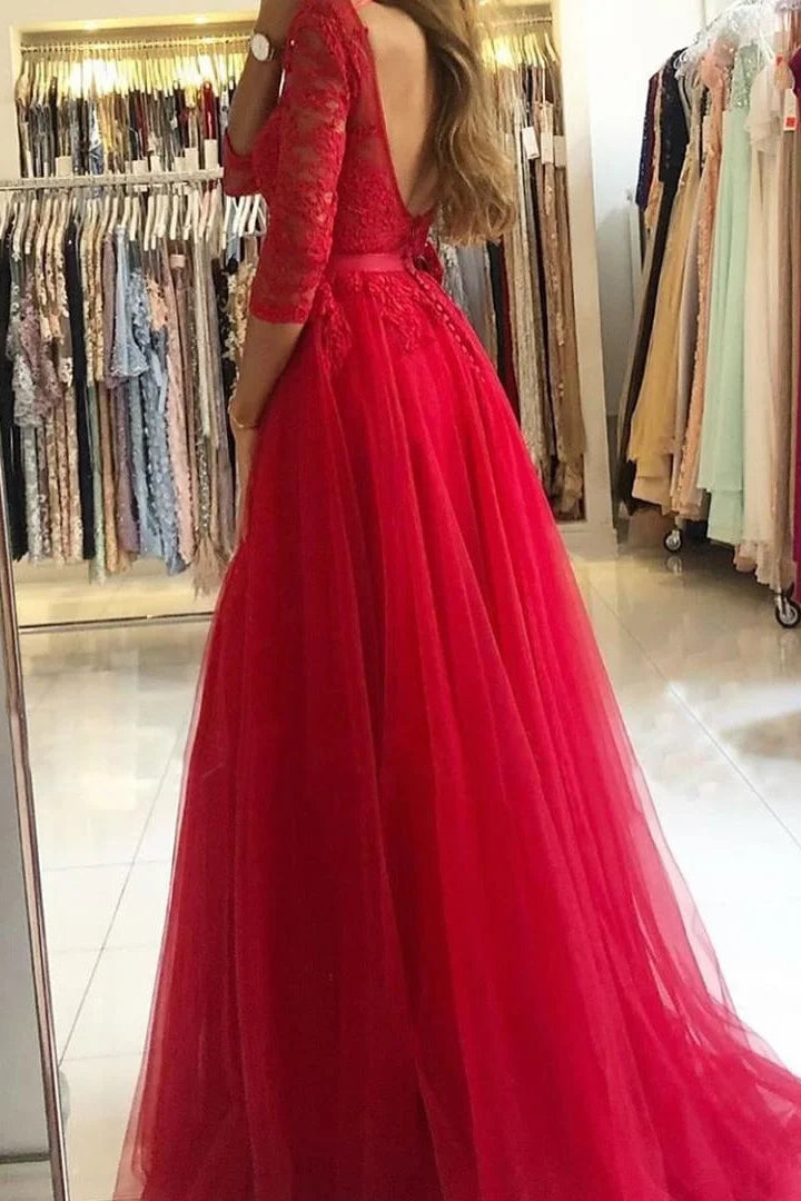 Gorgeous Long Sleeves Lace Tulle Evening Dress Long With Slit-BallBride