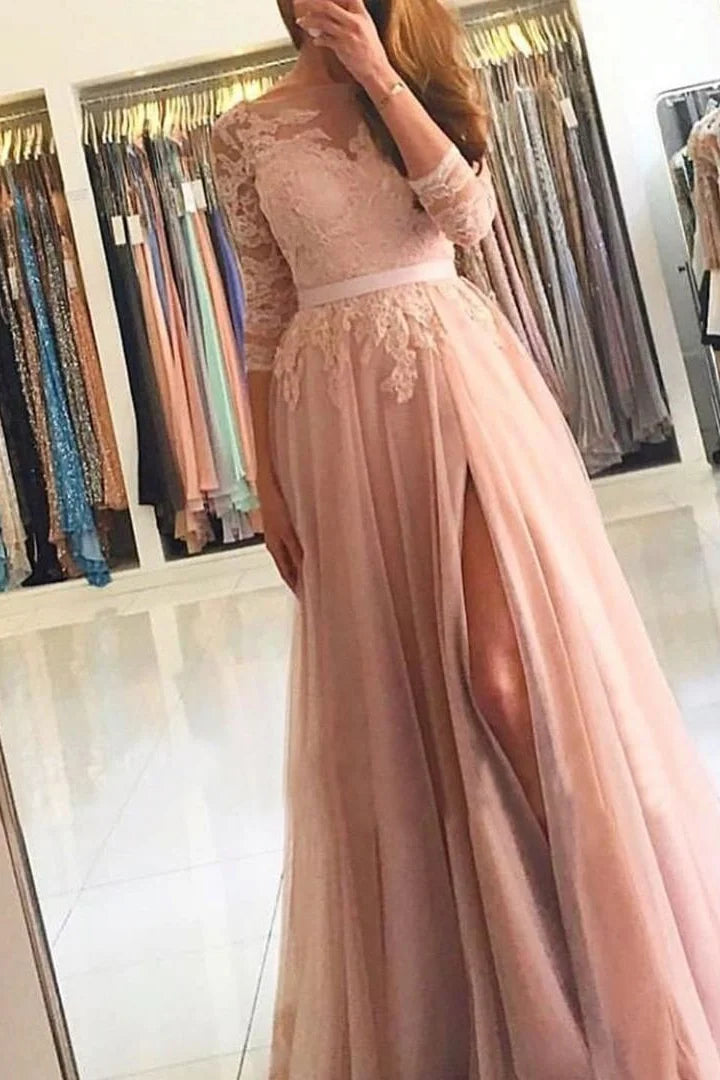 Gorgeous Long Sleeves Lace Tulle Evening Dress Long With Slit-BallBride