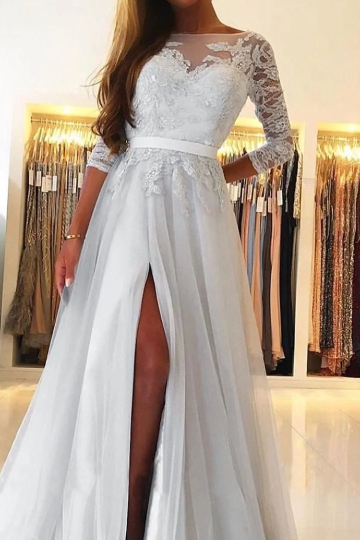 Gorgeous Long Sleeves Lace Tulle Evening Dress Long With Slit-BallBride