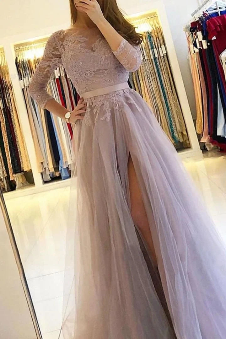 Gorgeous Long Sleeves Lace Tulle Evening Dress Long With Slit-BallBride