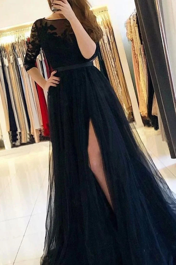 Gorgeous Long Sleeves Lace Tulle Evening Dress Long With Slit-BallBride