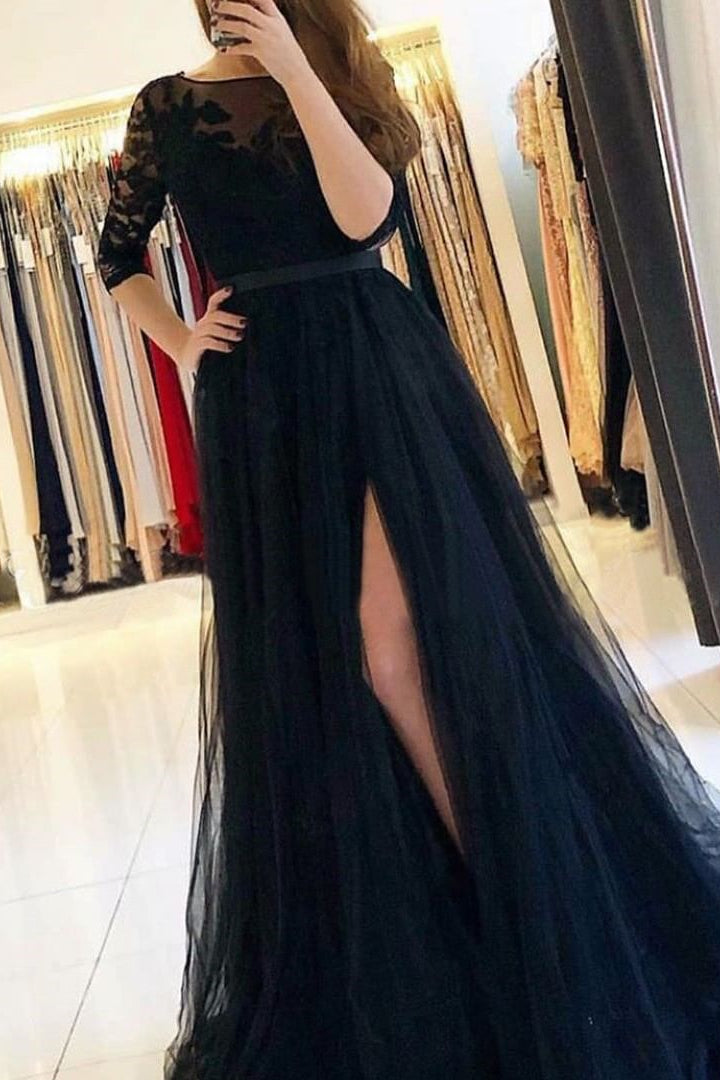 Gorgeous Long Sleeves Lace Tulle Evening Dress On Sale with Slit-BallBride