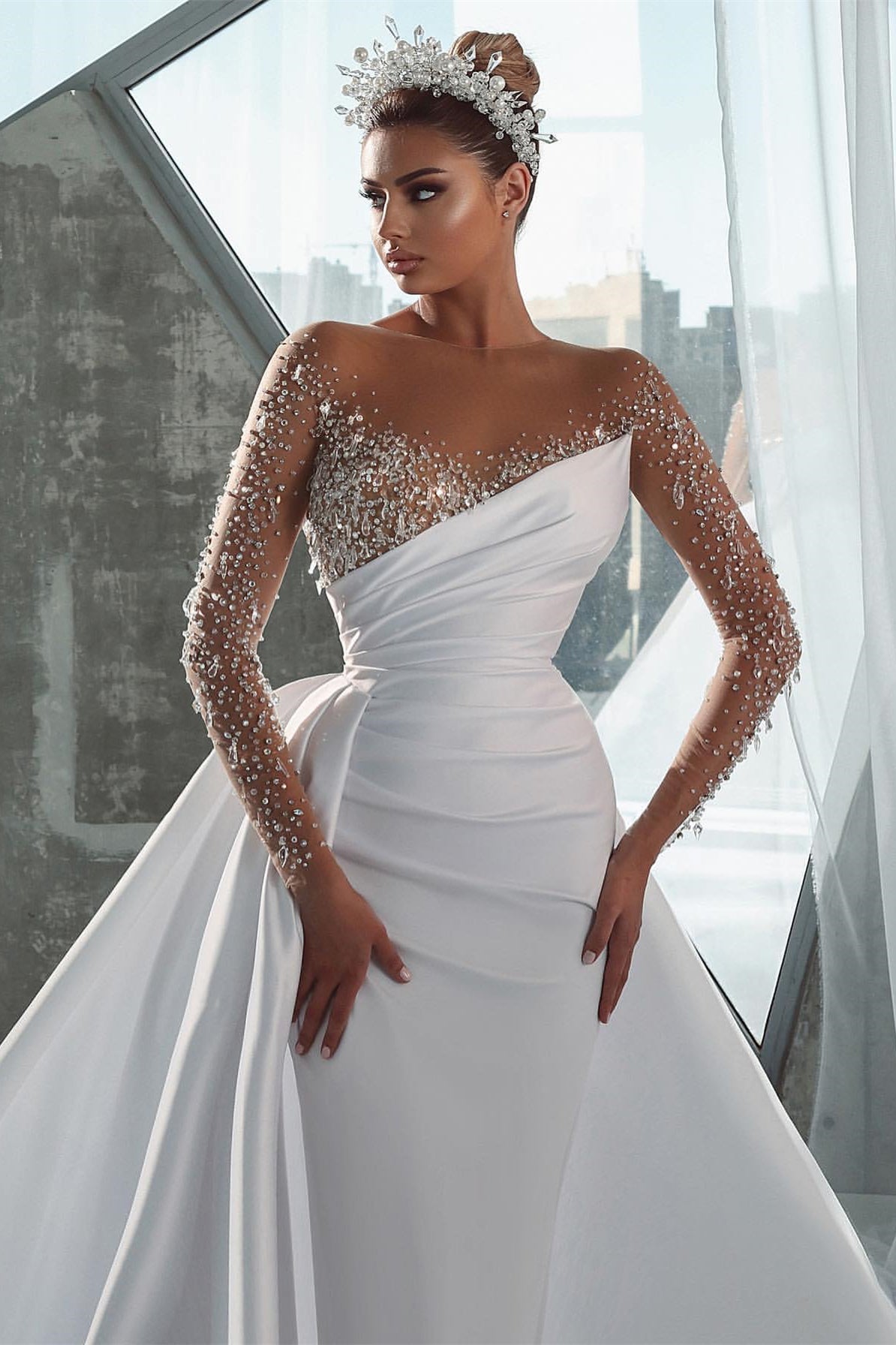 Gorgeous Long Sleeves Mermaid Wedding Dress with Beadings Overskirt-BallBride