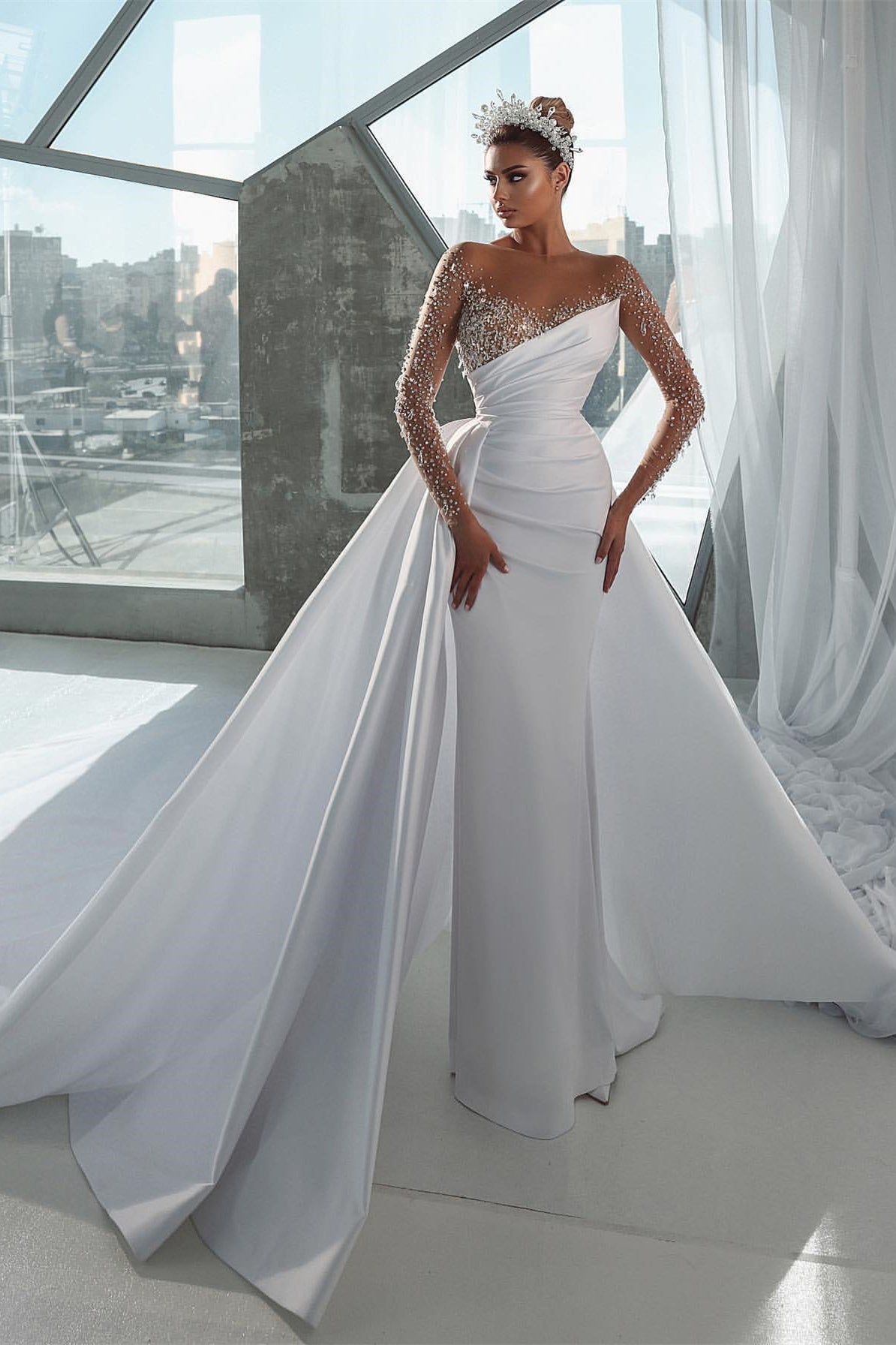 Gorgeous Long Sleeves Mermaid Wedding Dress with Beadings Overskirt-BallBride