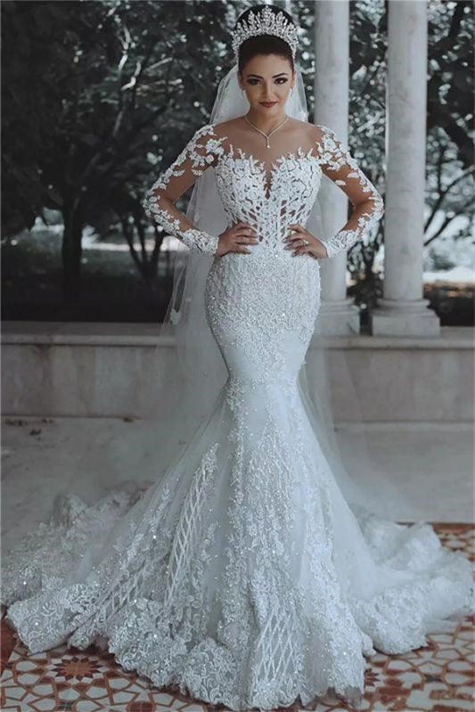 Gorgeous Long Sleeves Mermaid Wedding Dress With Lace Appliques-BallBride