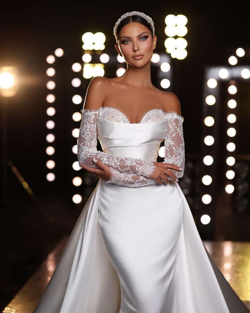 Gorgeous Long Sleeves Off-the-Shoulder Lace Mermaid Wedding Dress with Overskirt-BallBride