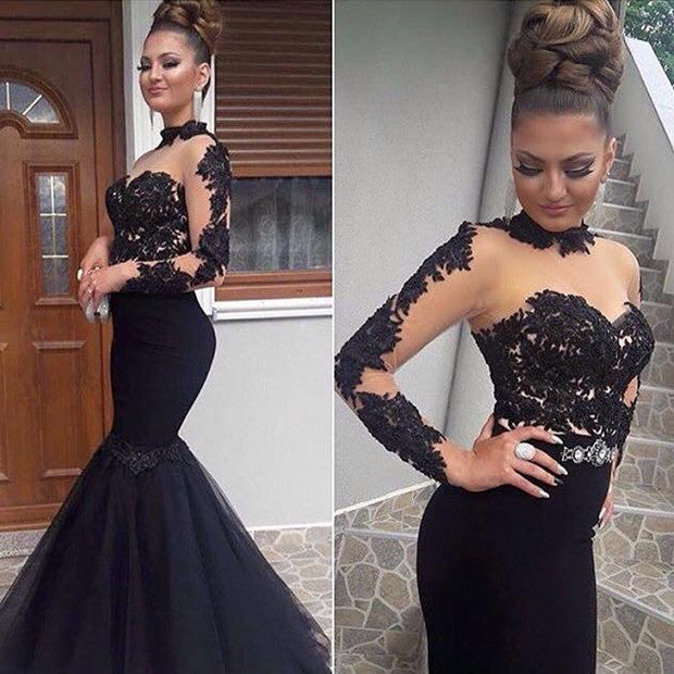 Gorgeous Long Sleeves Prom Dress with Black High Neck and Lace Appliques-BallBride