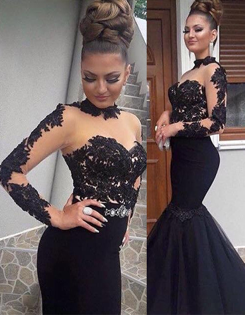 Gorgeous Long Sleeves Prom Dress with Black High Neck and Lace Appliques-BallBride